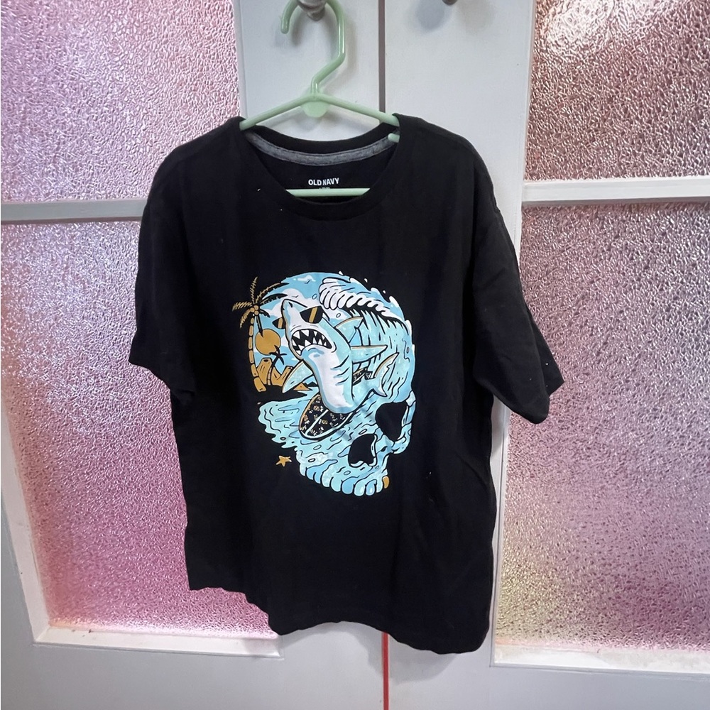 Old Navy Black T-Shirt with Shark and Ocean Graphic